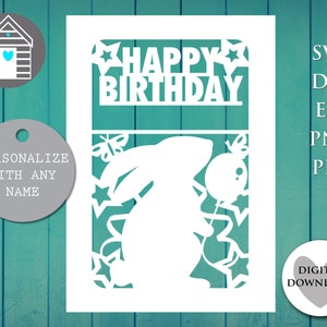Cartão de feliz aniversario SVG | Coelho | Personalize seu cartão | Arquivo de corte digital -EPS -PNG-Dxf-Pdf | Faça seu próprio cartão Papercut com Cricut