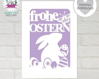 Frohe Ostern SVG: Spring Rabbit with Butterfly - Easter Card (Digital Cut File) Easter Bunny Card