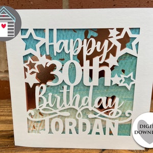 SVG Joyeux 30e anniversaire | Personnalisez votre carte avec un nom | Fichier numérique découpé-EPS-fichier PNG-Dxf | Réalisez votre carte avec Cricut | Découpage papier