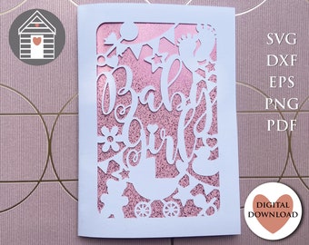 SVG New Baby Girl Card New Arrival Greetings Card Design Digital Cut File EPS Dxf file Birth Card Baby Shower Gender Reveal Card Template