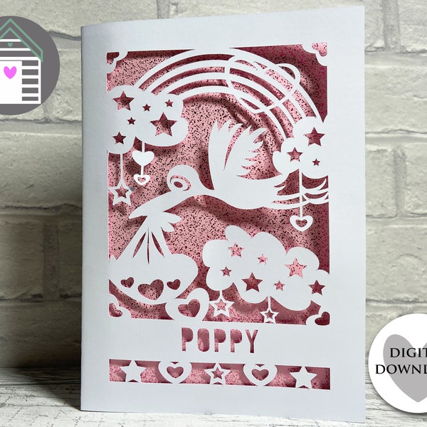 SVG Neue Babykarte - Storch & Baby-Grußkartendesign - Digitale Schnittdatei - EPS - PNG-Dxf-Datei - Baby-Mädchen - Baby-Junge