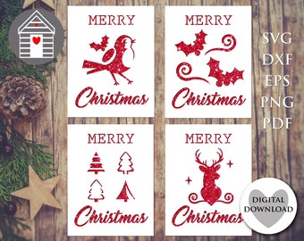 Merry Christmas Card bundel Set wenskaarten ontwerpen voor Cricut of Laser Pack of Xmas Card SVG Rendier SVG Robin kerstbomen knippen