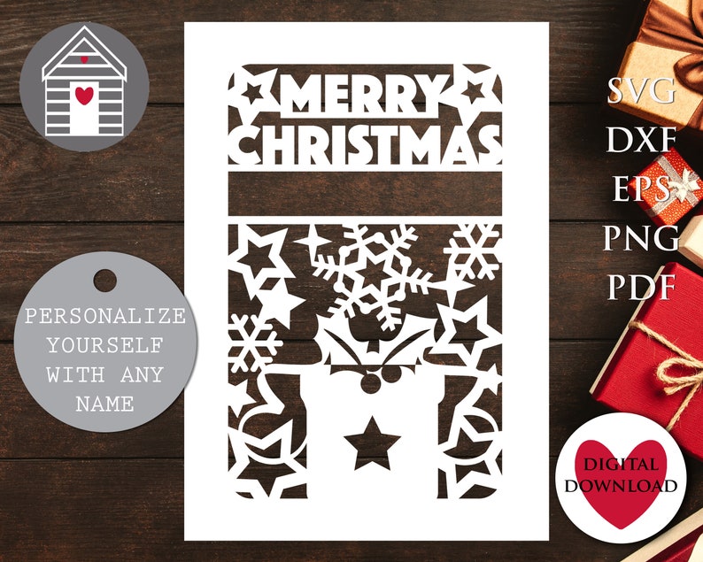 May include: White paper cut-out design with the words "Merry Christmas" at the top. The design features snowflakes and stars. The design is suitable for a card or a decoration.