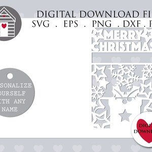 May include: A white digital download file for a Christmas stocking with a cut-out design of stars, snowflakes, and the words "Merry Christmas".