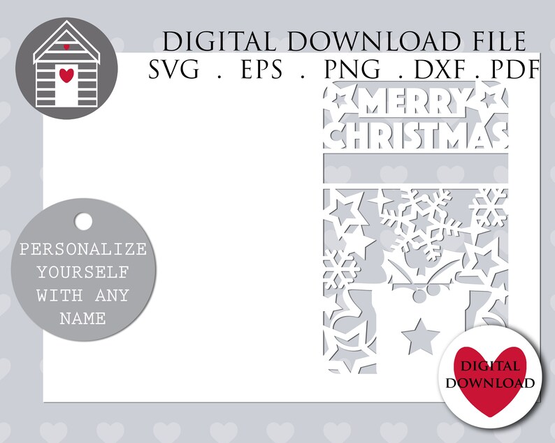 May include: A white digital download file for a Christmas stocking with a cut-out design of stars, snowflakes, and the words "Merry Christmas".
