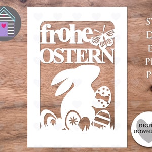 SVG Frohe Ostern Karte - Frühlingskaninchen mit Schmetterling - Osterhase & Ostereier - Digitalschnittdatei -EPS - PNG-Dxf Datei - Frohe Ostern Karte