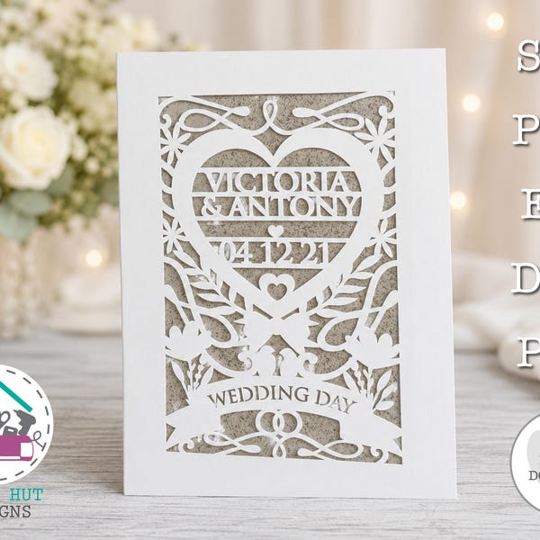 SVG bruiloft gepersonaliseerde wenskaart lasergesneden ingewikkelde gedetailleerde bruids aangepaste DIY papercut huwelijk Cricut delicate digitale sjabloon