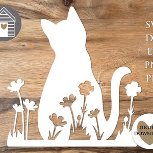 Chat SVG assis dans un pré de fleurs - Kitty dans un champ de fleurs - fichier de coupe numérique - EPS - fichier PNG-Dxf - ferme - modèle Cricut - découpé au Laser