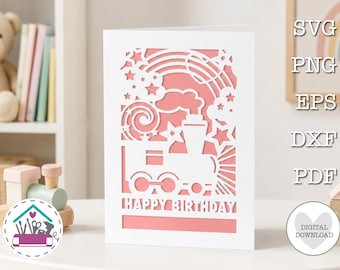 Happy Birthday Steam Train Card SVG Personalized Greetings Card Papercut Design Kids Trainspotter Card for Boys and Girls Custom Birthday