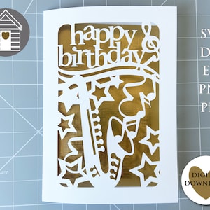 Joyeux anniversaire SVG - saxophone - fichier numérique - EPS - fichier PNG-Dxf - musicien - instrument de musique - découpe laser - carte Papercut - Jazz