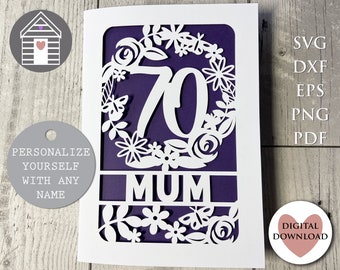 70th Birthday Card SVG Floral Wreath Papercut Personalize with Name Number 70 Greetings Card Template
