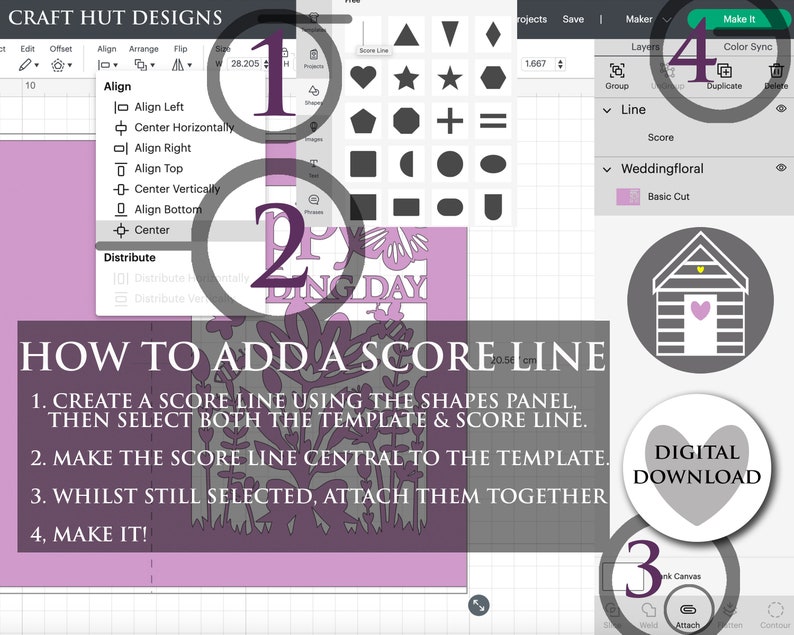May include: A step-by-step guide on how to add a score line to a digital design using a design software program. The steps are numbered 1 through 4. The image shows a design of a birthday card with the words "Happy Birthday" and a floral design. The image also shows a design of a small house with a heart-shaped door.