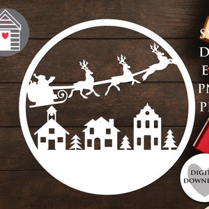 SVG Weihnachtsmann Schlitten im Himmel - Winterszene - EPS - PNG - Pdf - Dxf Datei - Digitalbild - Kreis - Ornament - Laser Cut Datei - Weihnachtsmann