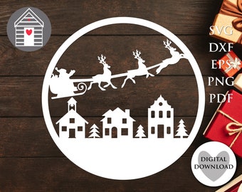 Santa Sleigh Winter Scene SVG Christmas Ornament Laser Cut Digital Template DIY Christmas Decor Window Stencil Xmas Cricut Project