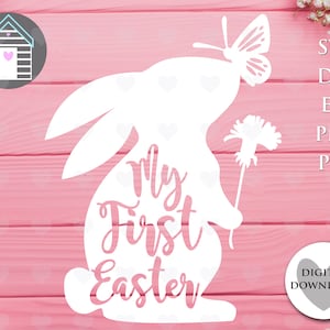 SVG Mijn eerste Pasen | Lente konijn met vlinder op neus - paashaas met bloem - digitaal snijbestand - EPS-PNG-Dxf-bestand | Baby's First