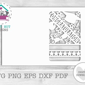 May include: A white rectangular card design featuring a laser-cut style pattern with the word CONGRATULATIONS, a graduation cap, a diploma, stars, and a balloon. The bottom section includes a decorative border of stars and horizontal lines.