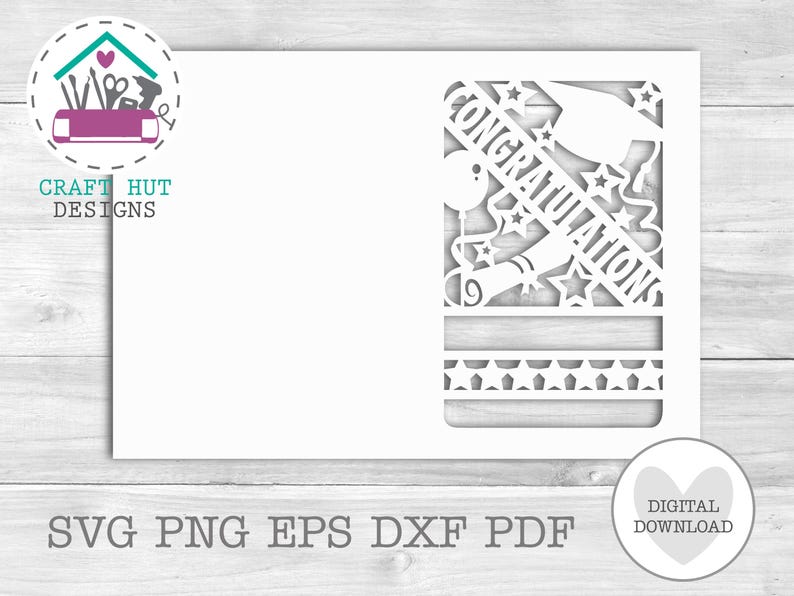 May include: A white rectangular card design featuring a laser-cut style pattern with the word CONGRATULATIONS, a graduation cap, a diploma, stars, and a balloon. The bottom section includes a decorative border of stars and horizontal lines.