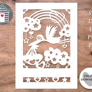 Papercut SVG nouveau bébé - conception Papercut de cigogne et de bébé - fichier numérique de coupe - EPS - fichier PNG-Dxf - bébé fille - bébé garçon - souvenir - bébé ange
