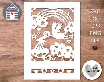 SVG New Baby Papercut - Stork & Baby Papercut Design - Digital Cut File -EPS -PNG-Dxf file - Baby Girl - Baby Boy - Memory - Angel Baby