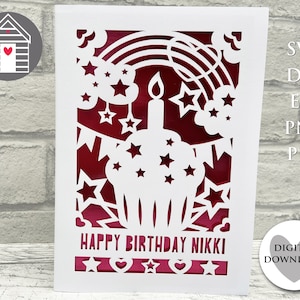 Tarjeta en blanco con cupcake de cumpleaños SVG / Archivo de corte digital - Archivo EPS - PNG - Dxf - Pdf / Cree su propia tarjeta y personalícela con Cricut / Diseño Papercut