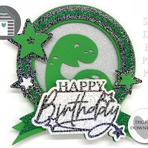 SVG 3D Feliz Aniversário Dinossauro Bolo Topper - Arquivos de Corte para Cricut ou Máquina de Corte - Eps - Dxf - Png - Topper de Cartão - Criaturas Pré-Históricas