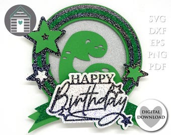 3D Dinosaurier Happy Birthday Cake Topper SVG Schnittdateien Karte Topper Cricut Digitale Vorlage Layered Laser Cut Datei