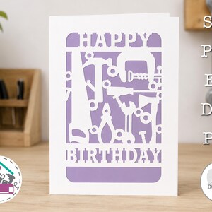 Cartão de aniversário personalizado com ferramentas, arquivo SVG para corte a laser, tema faz-tudo, marceneiro ou profissional.