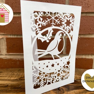 Arquivo de corte de cartão de Natal SVG -EPS - PNG - Dxf - Pdf - arquivo Dxf - Design de floco de neve de Robin de Natal para Cricut e máquinas de corte