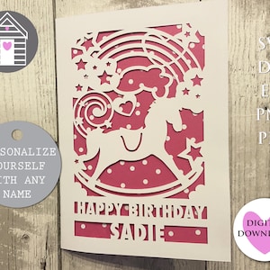 SVG alles Gute zum Geburtstag Schaukelpferd Karte | Karte personalisieren | Digital Download Cut Datei -EPS -PNG-Dxf-Pdf Datei | Machen Sie Ihre eigene Papierschnitt Karte
