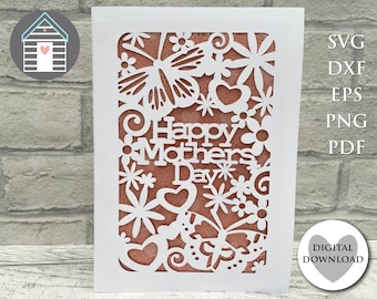 Tarjeta del Día de la Madre con diseño floral cortado en papel SVG para archivo cortado con láser, tarjeta de mariposa DIY para Cricut para mamá