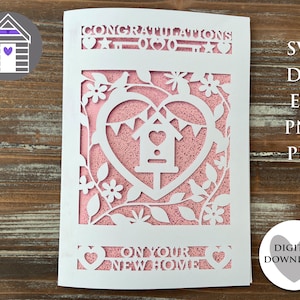 SVG New Home Greetings Card - Arquivo de corte digital -EPS -PNG-Dxf file - Faça seu próprio cartão - Cricut Papercut - Bird House Design