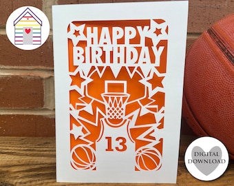 Carte de basket-ball SVG - carte de voeux de joyeux anniversaire - fichier numérique découpé - EPS - fichier PNG-Dxf - créez votre propre conception Papercut pour Cricut
