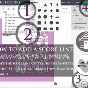 May include: A step-by-step guide on how to add a score line to a digital design using a design software program. The steps are numbered 1 through 4. The image shows a design of a birthday card with the words "Happy Birthday" and a floral design. The image also shows a design of a small house with a heart-shaped door.