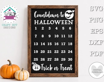 May include: A rectangular black chalkboard sign with a dark wood frame featuring white text that reads Countdown to HALLOWEEN, numbers 1 through 30, and Trick or Treat. The design includes a white moon with bats and a pumpkin icon with the number 31.