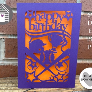 Carte d'anniversaire SVG baseball softball - carte de joyeux anniversaire - fichier de découpe numérique - fichier EPS - fichier PNG-Dxf - modèle de découpe numérique
