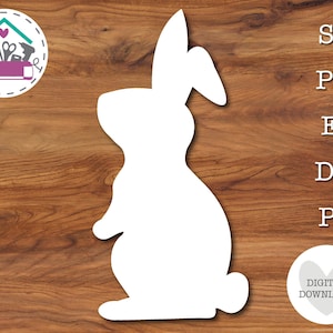 May include: A white bunny silhouette on a wooden background. The image includes text that says "SVG", "PNG", "EPS", "DXF", and "PDF". There is also a logo with the words "Digital Download".