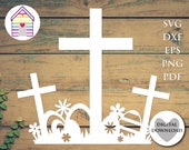 SVG Story of Easter - Cross with Easter Eggs Flowers - Digital Download Cut File - EPS -PNG - Dxf - Pdf file - Christ Lives - Jesus Lives