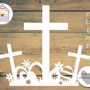 Historia de Pascua SVG - Cruz con huevos de Pascua y flores - Archivo de corte de descarga digital - EPS - PNG - Dxf - Archivo PDF - Cristo vive - Jesús vive