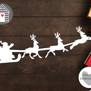 SVG Santa Sleigh & Reindeer Christmas Cut File -EPS -PNG -Dxf file - Digital File - Father Christmas on Sled in Sky