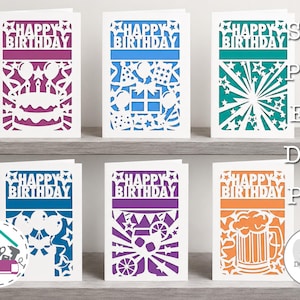 Bundle of 6 Happy Birthday Cards Templates Personalized Card Digital Laser Cut DIY Papercut SVG for Cricut Silhouette Cutting Machine