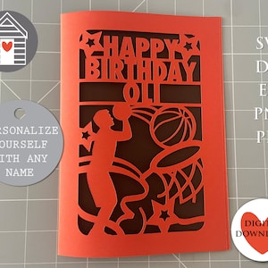 Carte de basket-ball SVG - Happy Birthday - fichier numérique découpé - EPS - fichier PNG-Dxf - personnalisez votre carte Papercut pour Cricut & Machines de découpe