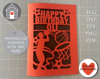 Carte de basket-ball SVG - Happy Birthday - fichier numérique découpé - EPS - fichier PNG-Dxf - personnalisez votre carte Papercut pour Cricut & Machines de découpe