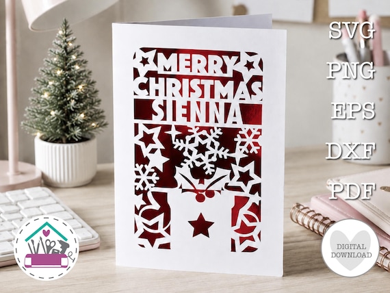 Personalised Christmas Card SVG Cut File DIY Papercut Card Digital Download Template for Cricut and Laser Cutting Machines
