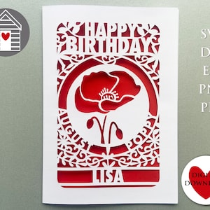 Fleur du mois de naissance d'août SVG - coquelicot | Personnalisez votre carte Papercut | Fichier numérique découpé-EPS-PNG-Dxf-Pdf | Carte Joyeux anniversaire