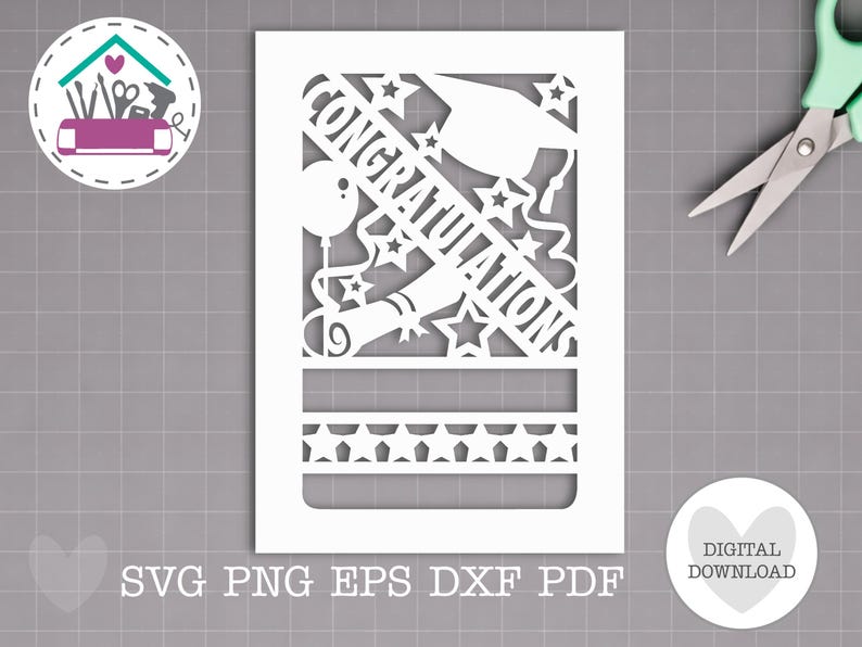 May include: A white rectangular paper cutout design featuring the word CONGRATULATIONS, a graduation cap, a diploma, stars, and a balloon. The design includes a bottom border of stars and horizontal lines, presented as a digital file for cutting machines.