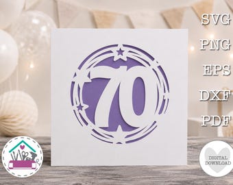 Tarjeta de cumpleaños número 70 en formato SVG con corona de estrellas, archivo digital de corte láser para papel, tarjeta de felicitación plegable para máquinas de corte Cricut Silhouette.