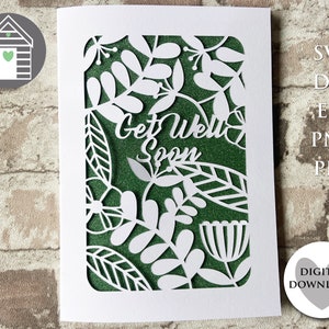Tarjeta SVG de pronta recuperación: semillas y hojas de otoño; archivo de corte digital; archivo EPS; archivo PNG; archivo DXF; tarjeta de felicitación hecha a mano con papel cortado y máquina de corte
