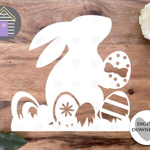 SVG Osterhase mit Ostereier - Digital Produkt Schnitt Datei -EPS -PNG-Dxf Datei - Frühling Kaninchen - Papercut