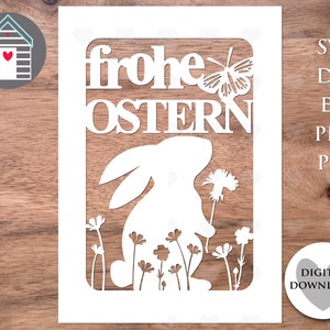 SVG Frohe Ostern Karte - Frühling Kaninchen mit Schmetterling - Osterhase mit Blumen - Digital Cut Datei -EPS -PNG-Dxf Datei - Frohe Ostern Karte