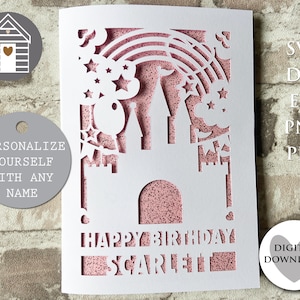 Karta urodzinowa SVG z zamkiem księżniczki | Spersonalizuj swoją kartę | Cyfrowy plik do cięcia -EPS -PNG-Dxf-Pdf | Stwórz własną kartkę wycinaną